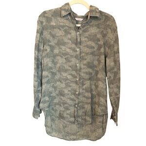 Lorenzini Italy Green Camo Linen Button Down Shirt Size II MediumLong Sleeve